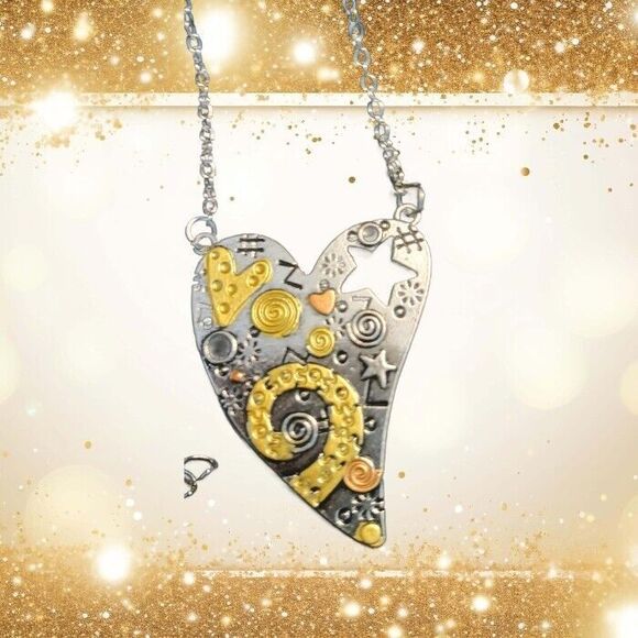 Modern Silver Gold Copper Heart Necklace Art Fun Unique - Picture 7 of 7